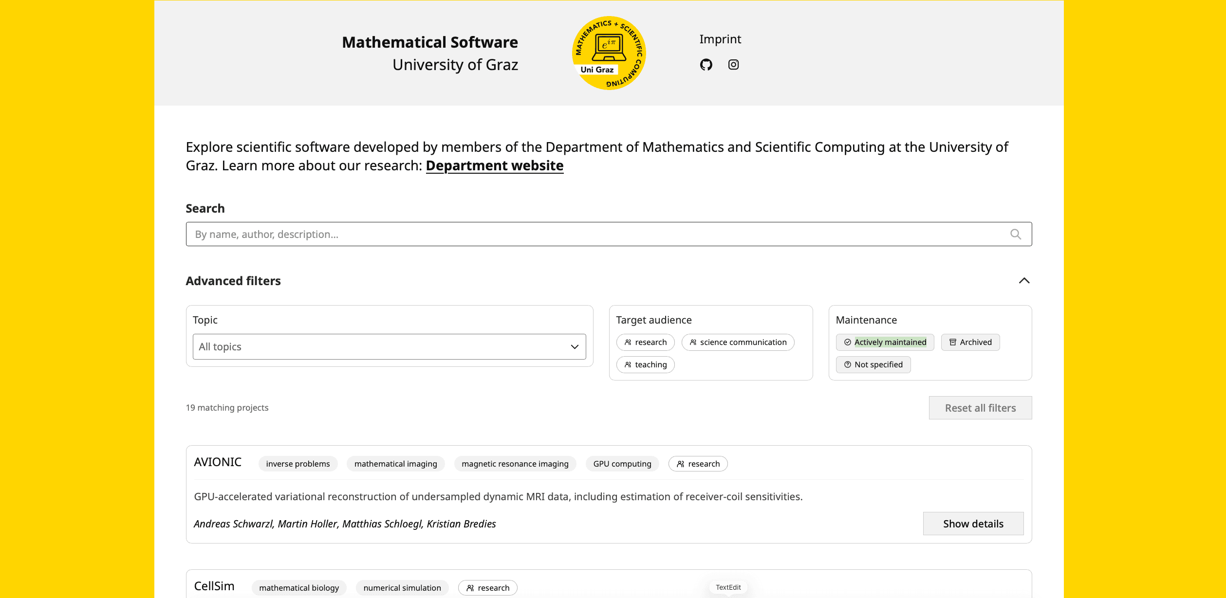 Screenshot der Website für alle Softwareprojekte des Instituts für Mathematik und wissenschaftliches Rechnen an der Universität Graz, gehalten in den Farben Gelb, Schwarz und Grau der Universität