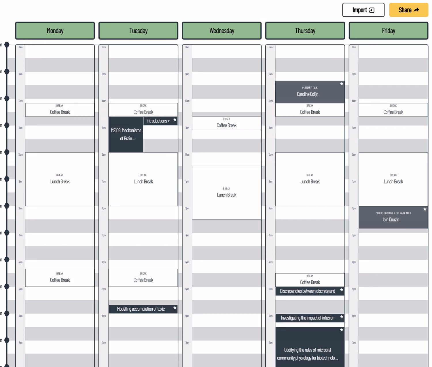 A screenshot of the personalised schedule with buttons to import or export the schedule.