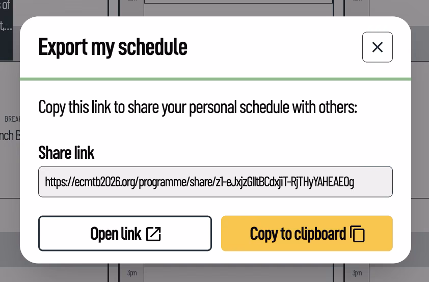 Screenshot of the dialog-modal to export your own personalised schedule