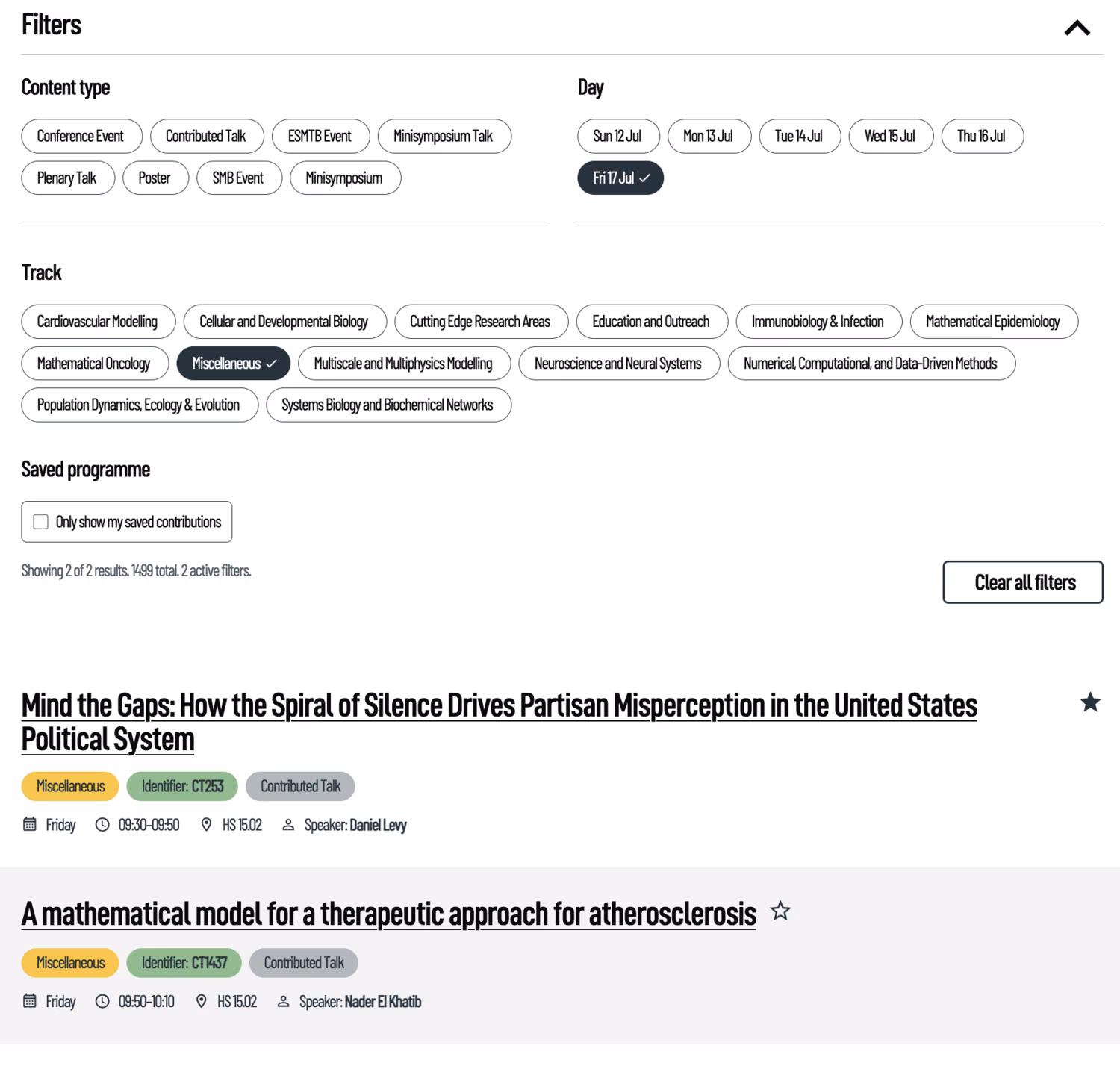Screenshot of the active filters on the contribution page with 2 results shown below. Already favorited contributions are shown as such.