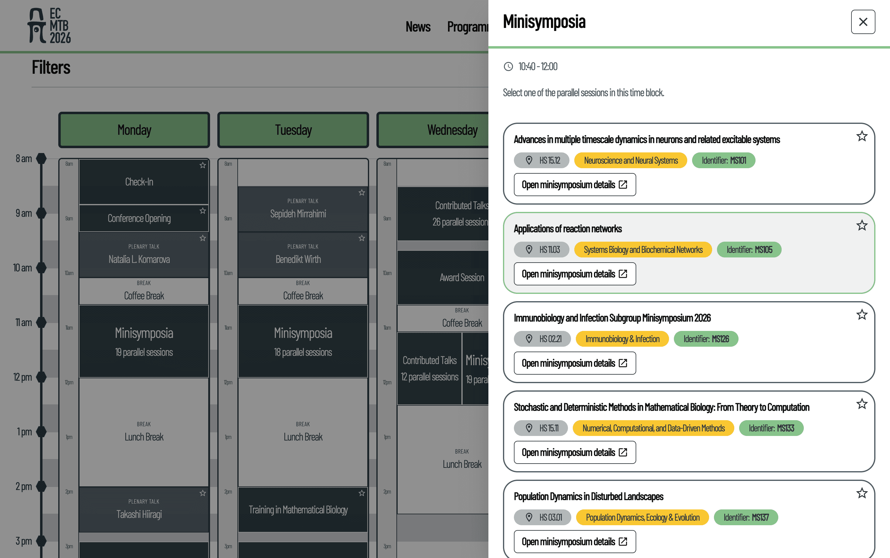 Screenshot of the programme calendar with a slide-over open showing all the minisymposia that were happening in parallel.