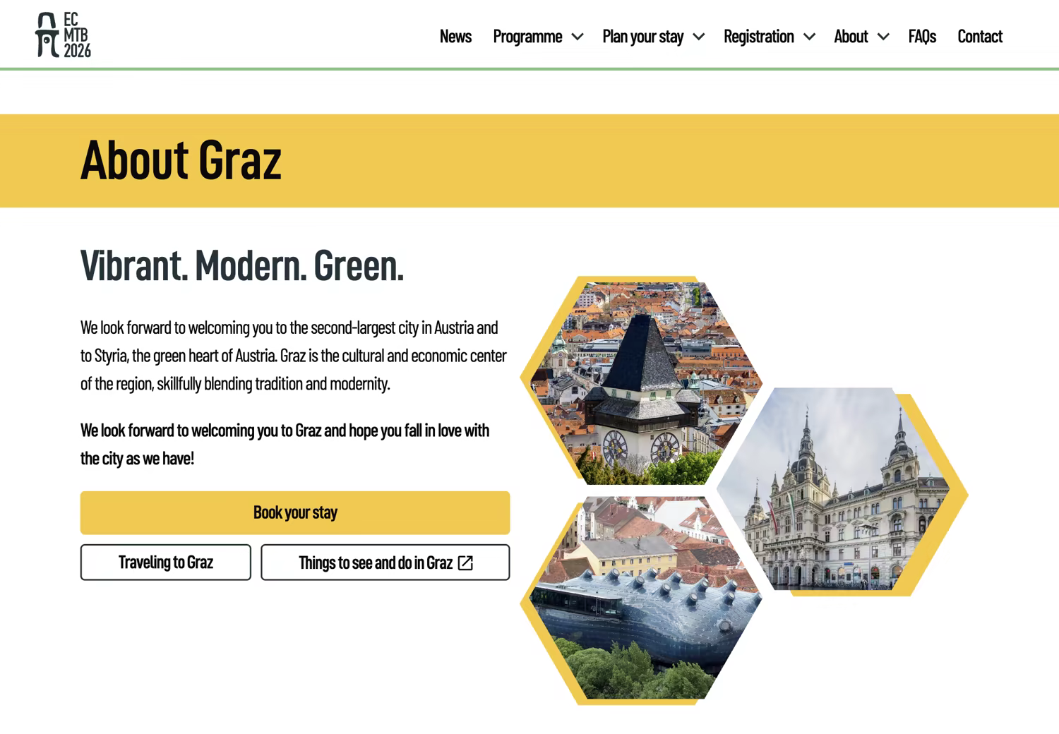 Screenshot of the "About Graz" page of the website, showing several landmarks of the city within hexagon frames.