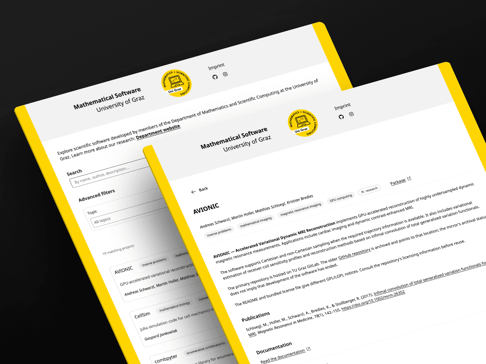 Screenshot der Website für alle Softwareprojekte des Instituts für Mathematik und wissenschaftliches Rechnen an der Universität Graz, gehalten in den Farben Gelb, Schwarz und Grau der Universität